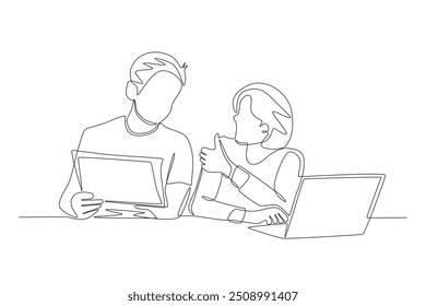 Desenho de uma linha do conceito de discussão com o aluno