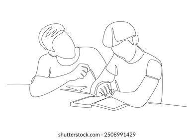 Desenho de uma linha do conceito de discussão com o aluno