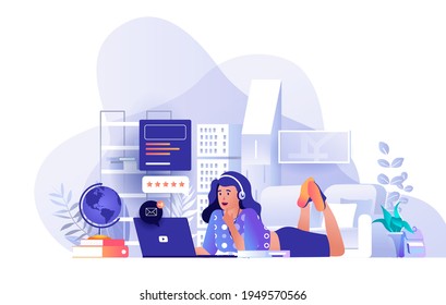 Student at distant learning scene. Woman watching video lecture, studies on laptop lying on floor at home. Online education, e-learning concept. Vector illustration of people characters in flat design