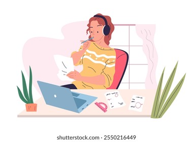 Student distant workspace. Woman employee with laptop paperwork in home office, school working with online learner remote computer work exam freelance education vector illustration original artwork