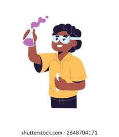 Student does experiment, school project by Chemistry. Little boy does science in chemical lab. Kid inventor holds tubes, learning in laboratory. Flat isolated vector illustration on white background