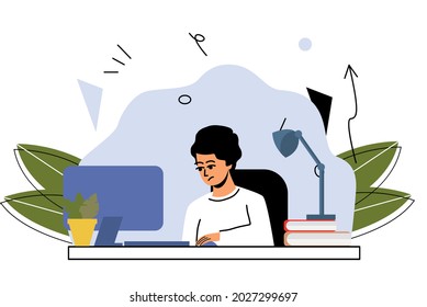 The student does his homework at the computer. Online training, home training