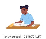 Student does homework at the desk. Happy kid is reading educational book. Cute child does school exercises. Little girl is learning, studies with textbook. Flat isolated vector illustration on white