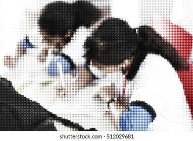 student doing exam, halftone nature color dots background 