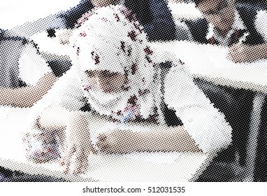 student doing exam, halftone nature color dots background 