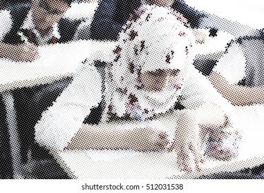 student doing exam, halftone nature color dots background 