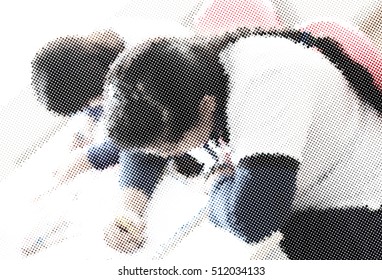student doing exam, halftone nature color dots background 