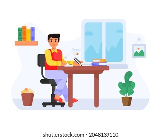 A student doing homework, flat icon design