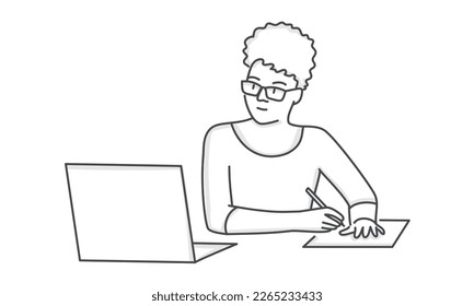 Der Student macht Hausaufgaben auf dem Laptop. Online-Bildung, häusliches Lernen, Konzept der häuslichen Aktivität. Handgezeichnete Vektorgrafik.
