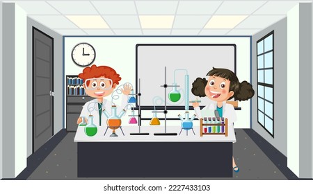 Student doing science experiment in laboratory illustration