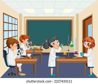 Student doing science experiment in laboratory illustration
