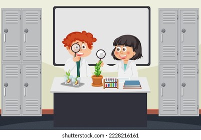 Estudiante haciendo experimentos científicos en ilustración de laboratorio