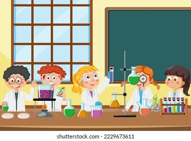 Student doing science experiment in laboratory illustration