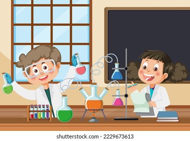 Student doing science experiment in laboratory illustration
