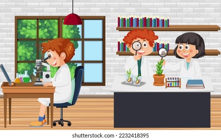 Student doing science experiment in laboratory illustration
