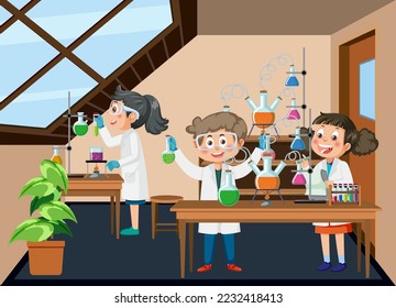 Estudiante haciendo experimentos científicos en ilustración de laboratorio