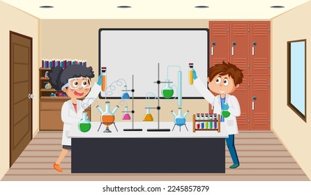 Student doing science experiment in laboratory illustration