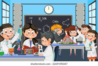 Student doing science experiment in laboratory illustration