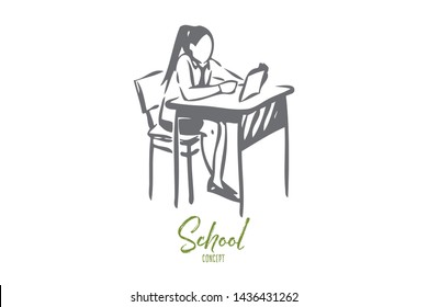 Student doing task concept sketch. Girl reading childrens book at her desk. Pupil working during class. Studying before test. Looking through educational literature. Isolated vector illustration
