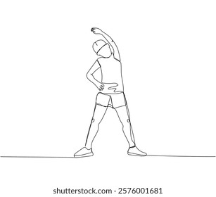 Student doing warm-up, child doing sports, physical education lesson one line art. Continuous line drawing of online knowledge, learning, education, teaching, entertainment, student life