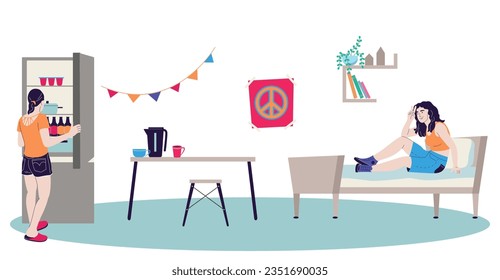 Student dormitory composition with neighbor and bedtime symbols flat vector illustration