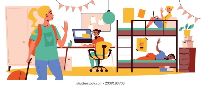 Student dormitory flat background with young girls in living room welcoming new member of team vector illustration