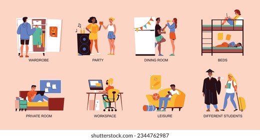Student dormitory flat set of bedroom dinning workplace party private room bedtime compositions isolated vector illustration