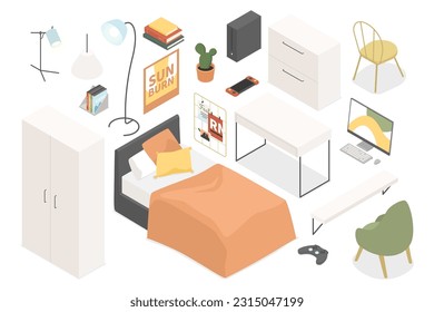 Student dormitory furniture - modern vector colorful isometric illustrations set. Bed, workplace, table and chair, computer, poster on the wall, nightstand and wardrobe. The interior of teenager room