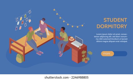 Student dormitory horizontal banner representing information about university or college life isometric vector illustration