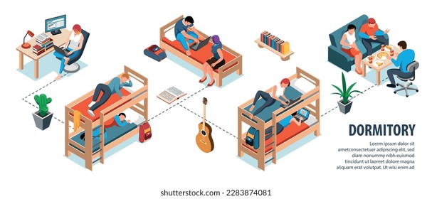 Student dormitory isometric infographics with male and female characters living and studying together 3d vector illustration