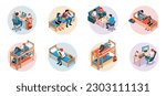 Student dormitory isometric round compositions with teens studying resting doing homework sleeping isolated vector illustration