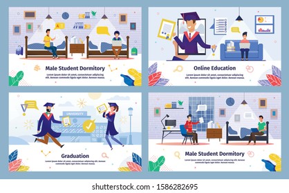 Student Dormitory, Online Education, College Graduation Trendy Flat Vector Banners, Posters Templates Set. Female, Male Students Resting in Dorm, Learning, Celebrating Education Ending Illustration