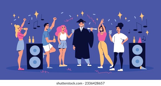 Student dormitory party horizontal illustration with young people raising glasses to newly minted magister flat vector illustration