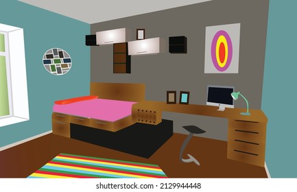 Student Dormitory Room With Bunk, Bed, Laptop On Desk, Office Chair And Bookshelf. Vector Cartoon Interior Of Empty Dorm Bedroom Or Wooden Furniture And Backpack
