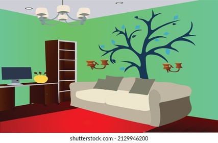 Student Dormitory Room With Bunk, Bed, Laptop On Desk, Office Chair And Bookshelf. Vector Cartoon Interior Of Empty Dorm Bedroom Or  Wooden Furniture And Backpack
