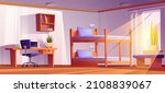 Student dormitory room with bunk, laptop on desk, office chair and bookshelf. Vector cartoon interior of empty dorm bedroom or hostel apartment with wooden bed with ladder and table