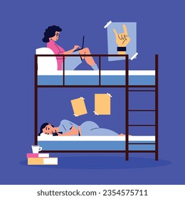 Student dormitory room flat concept with two female teens sharing bedroom vector illustration