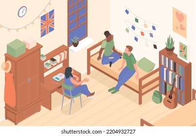 Student dormitory room isometric background with group of young people spending time together vector illustration