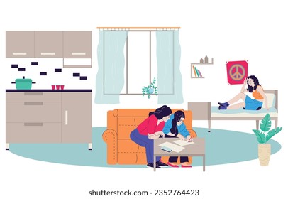 Dormitorio estudiantil con estudios y símbolos de trabajo ilustración vectorial plana