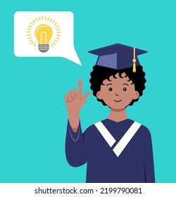 Student Dressed In Graduation Gown And Mortarboard. Academic Regalia, Academic Dress Or Cap And Gown Vector Illustration. Student With Great Idea. Graduate Lifts A Finger Upwards.