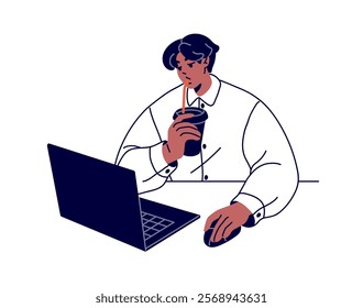 Student with drink learning, studies with laptop on distance education. Employee works with computer remotely. Person communicate online. Flat isolated contour vector illustration on white background