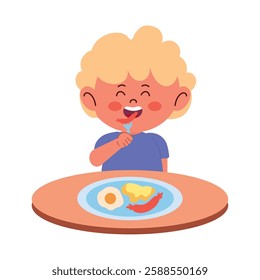 Student eating blond boy lunch in cartoon style