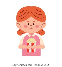 Student eating girl popcorn in an adorable cartoon style