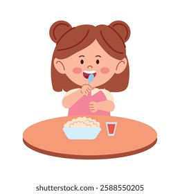 Student eating girl rice bowl in cartoon style