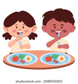 Student eating two kids lunch in cartoon style