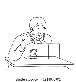 student eats hiding snacks behind a standing book - one line drawing. a sly and hungry young man, secretly from the teacher, is eating chips from the bags that stand behind an open upright textbook