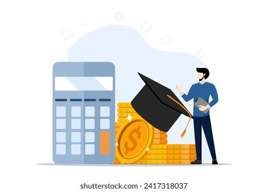 Student education budget calculation concept, postgraduate student standing with mortarboard hat calculator, education budget allocation, university fees and payment or scholarship concept.