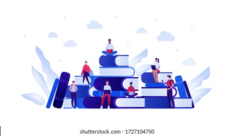 Student education concept. Vector flat person illustration. Back to school banner template. Group of multi-ethnic young adult people sitting on books with backpacks, laptop, smart phone.