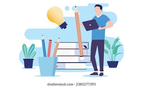 Student and education concept - Young male person standing with computer and pencil in front of school books ready toto learn and be educated. Flat design vector illustration with white background