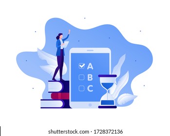 Student education and examination concept. Vector flat person illustration. Female stand on stack of book. Hourglass sign and mobile device with test on screen. 